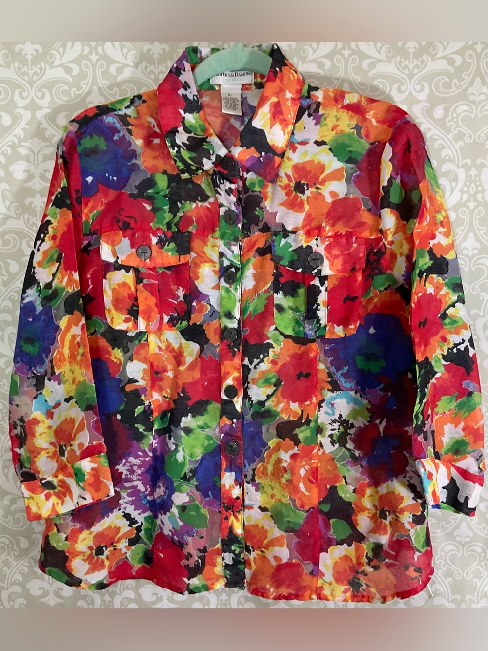Draper’S & Damon’S Women’s Colorful Floral Button Up Shirt Large Petite LP